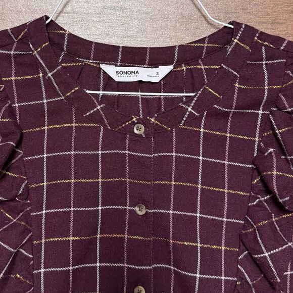 Sonoma Ruffled Flannel Top Womens S Maroon Plaid Button Up Shirt Blouse Small - Picture 2 of 9